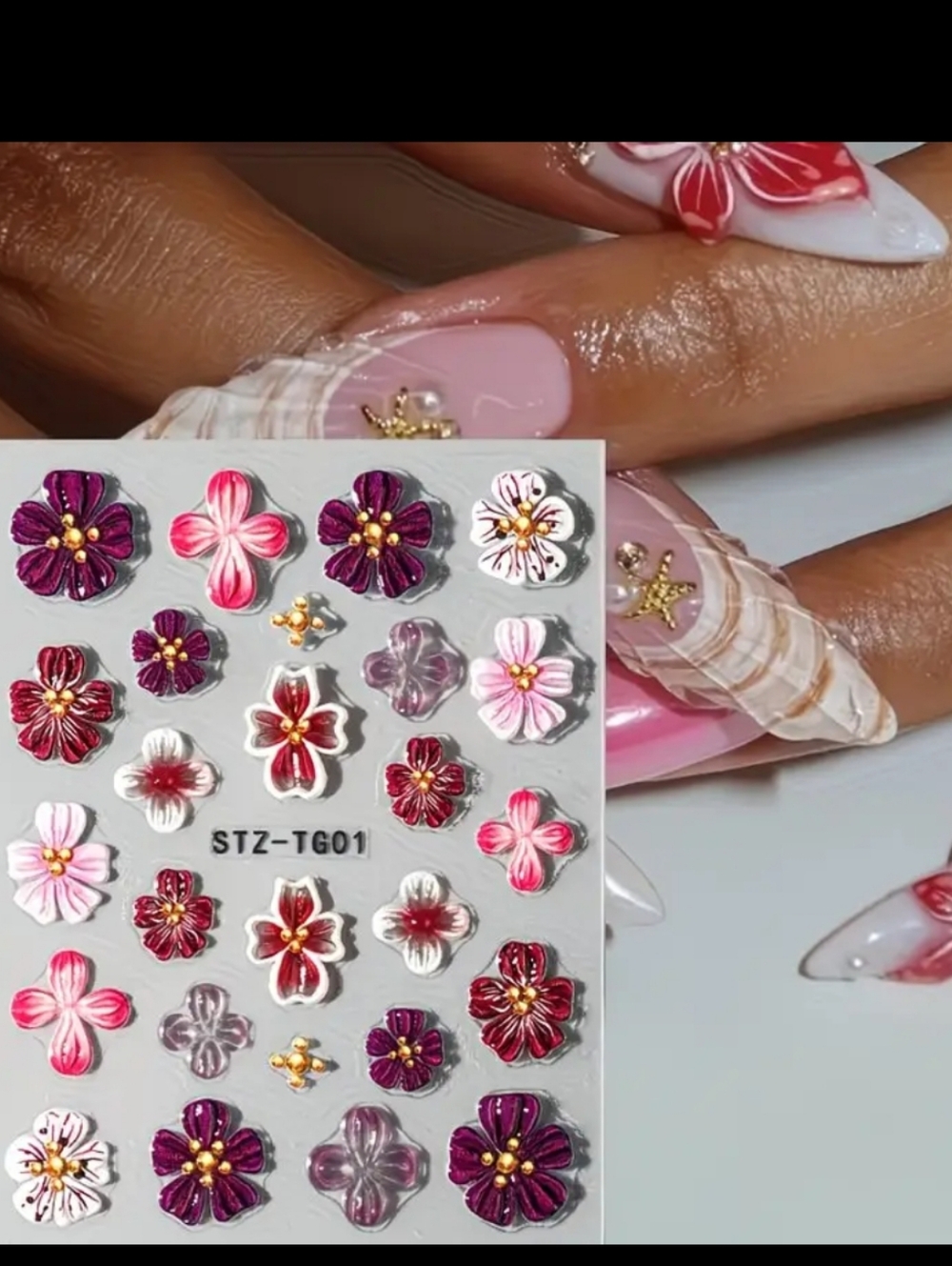 Floral 5D Nail Art Stickers - Pink & Burgundy - Picture 4 of 4